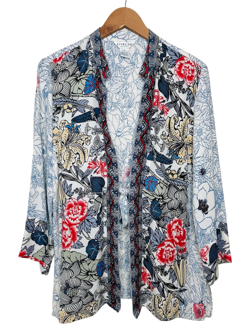 Citron Santa Monica Silk Tie Front Kimono Cover-up Size Small Floral Boho Layer